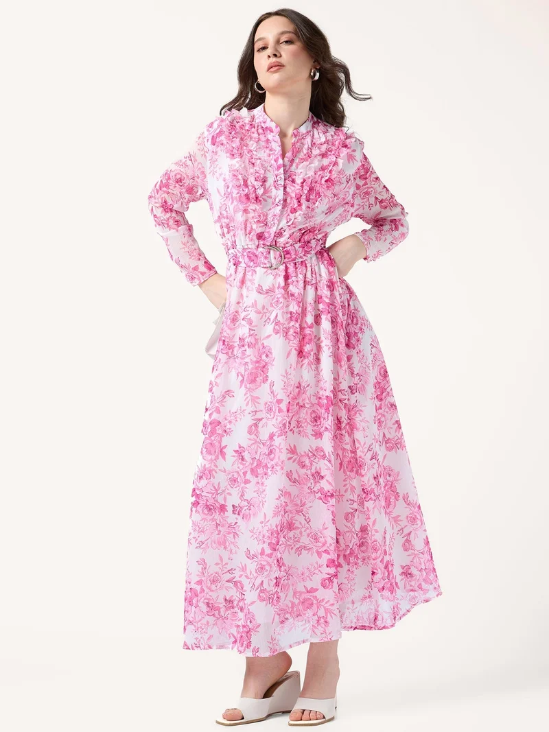Outzidr  Pink Printed Flared Dress With Halter Neck With Belt Detail for Women | Best Price UAE